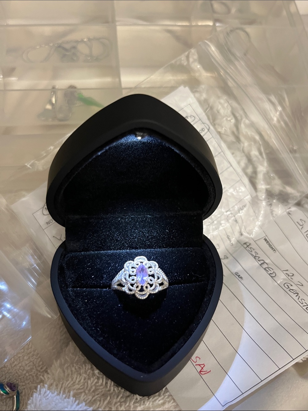 Sterling Silver Filigree Ring with Purple Stone - Women Jewelry